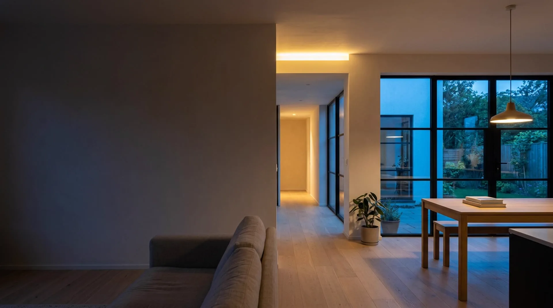 Interior de una casa al atardecer con las luces encendiéndose