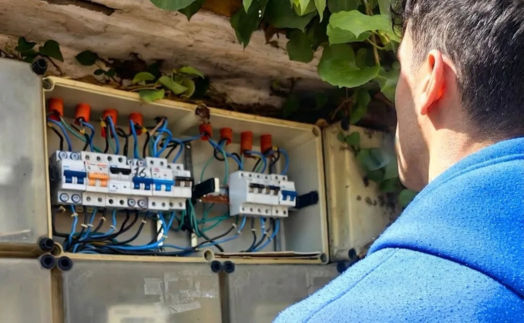 Revisando un pilar de medidores con el gabinete abierto, térmicas y cableado a la vista